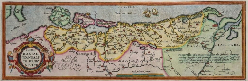 Poméranie, Wandalicae regionis, typ. (Poméranie, Livonie, Auschwitz). Il s'agit d'une carte originale de gravure sur cuivre colorée d'Abraham Ortelius (1527 - 1598) de l'année 1598