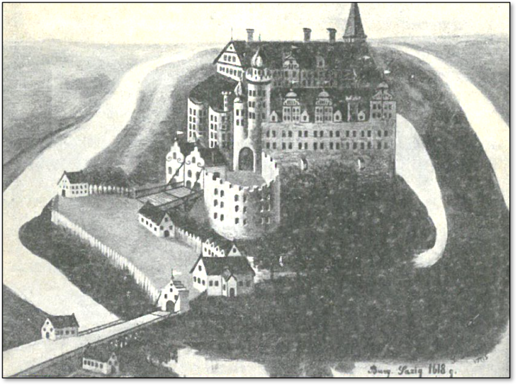 le chateau de Saatzig Dessin extrait du livre « Festscheist 600 Jahre Jacobshagen » publié en 1936 à l’occasion des 600 ans de Saatzig. 