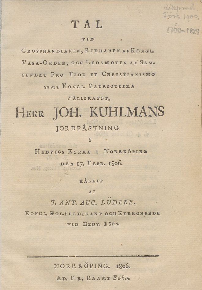 eloge funebre de Johan Kuhlman par le prédicateur royal Johan Anton Lüdecke