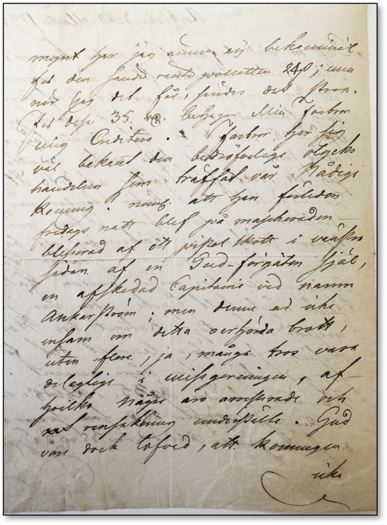extrait lettre de Johan Peter Kuhlman à son oncle Johan au sujet de l'assassinat de Gustave III 1792
