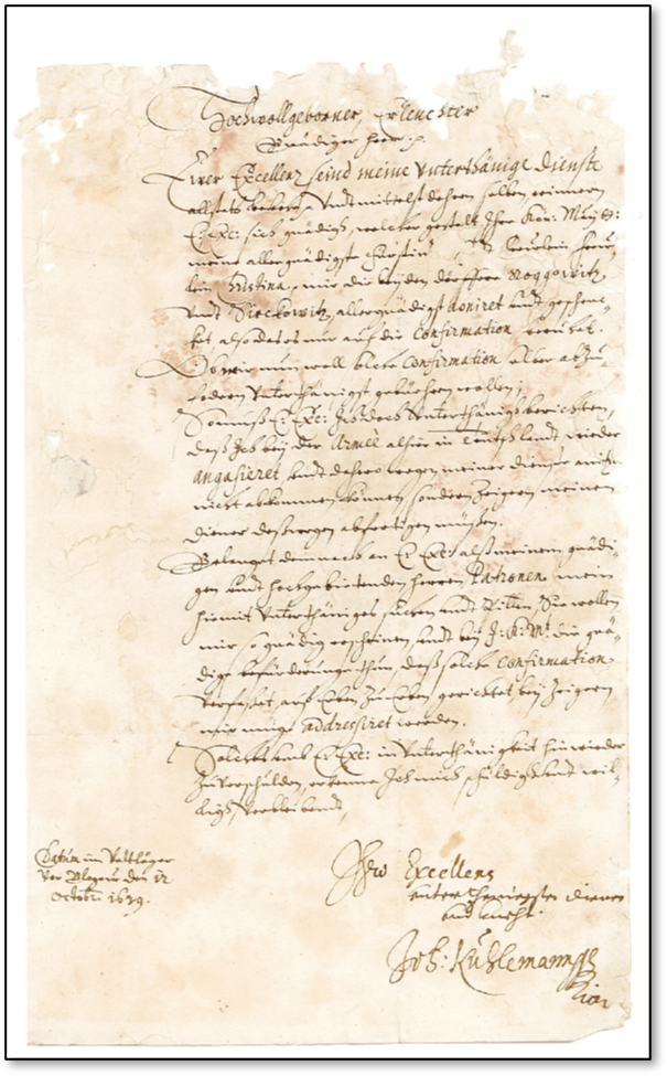 Lettre de Johan Kuhlman au Grand Chancelier Oxentierna, 1639