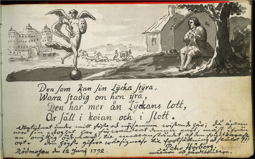 Une des premières pages du livre d'Or de Rödmossen par le peintre et musicien Pehr Horberg (1746-1816) datée du 12 juin 1792.