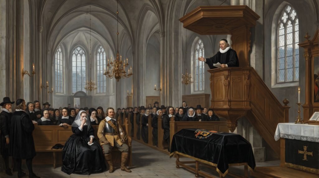 Le pasteur Schultetus en chaire dans la lumière solennelle de Saint-Jacques de Stettin. Au premier rang, Barbara en deuil et Johan Friedrich en uniforme d'officier. La bière drapée au centre. Dans le style des intérieurs d'église de Saenredam et de Witte.