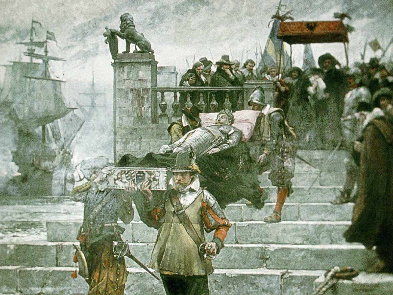 Le départ du corps du Roi Gustav II Adolf au port de Wolgast en 1633. Tableau de Carl Gustaff Helqvist.