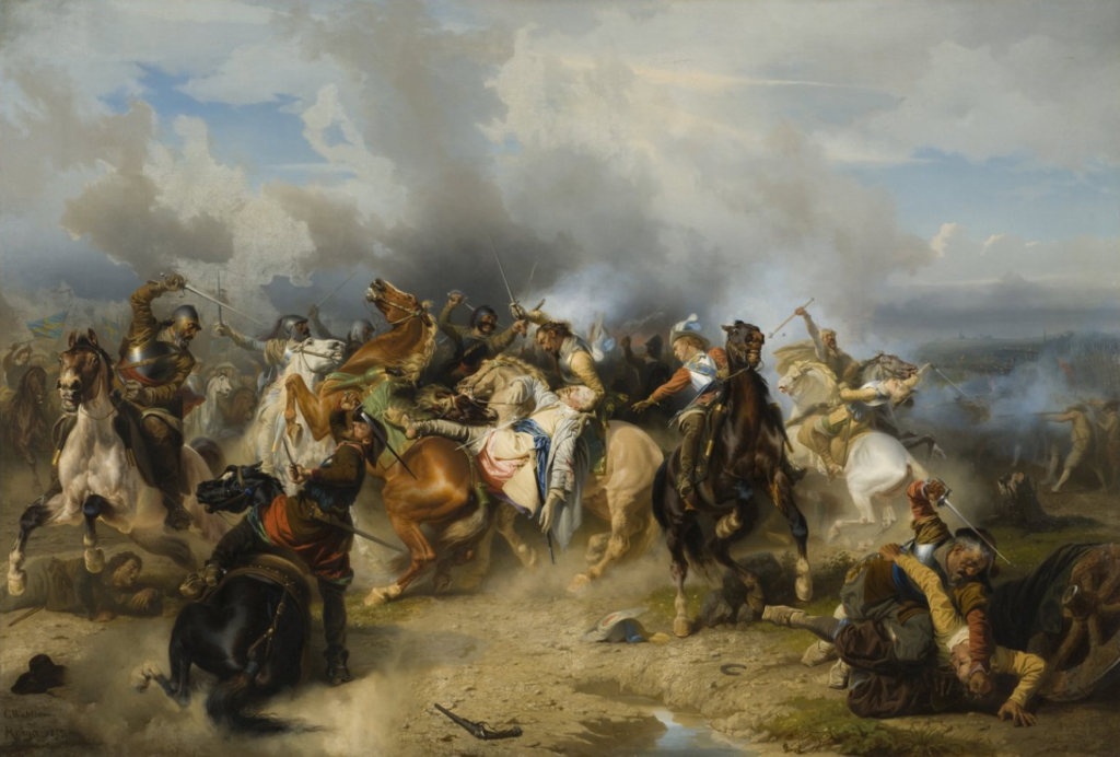 La mort du roi Gustave II Adolphe de Suede (1594-1632) dit le Grand ou le Lion du Nord, à la bataille de Lutzen, le 6 novembre 1632. Huile sur toile de Carl Wahlbom (1810-1858).